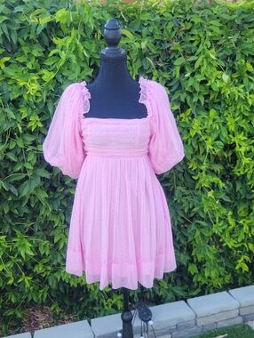 Pink Dot-Overlay Romantic Fairy Puff Sleeve Open Bow Back Mini Dress